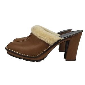 Donald J. Pliner BHappy Tan Nappa Leather Shearling Heeled Mule Clogs Size 8.5